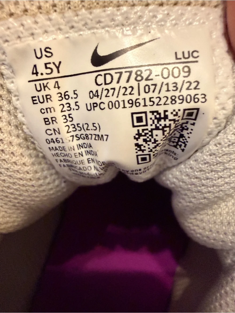 Nike Court Borough Mid 2 GS Pure Platinum Vivid Purple Girl's SZ 4.5Y CD7782-009